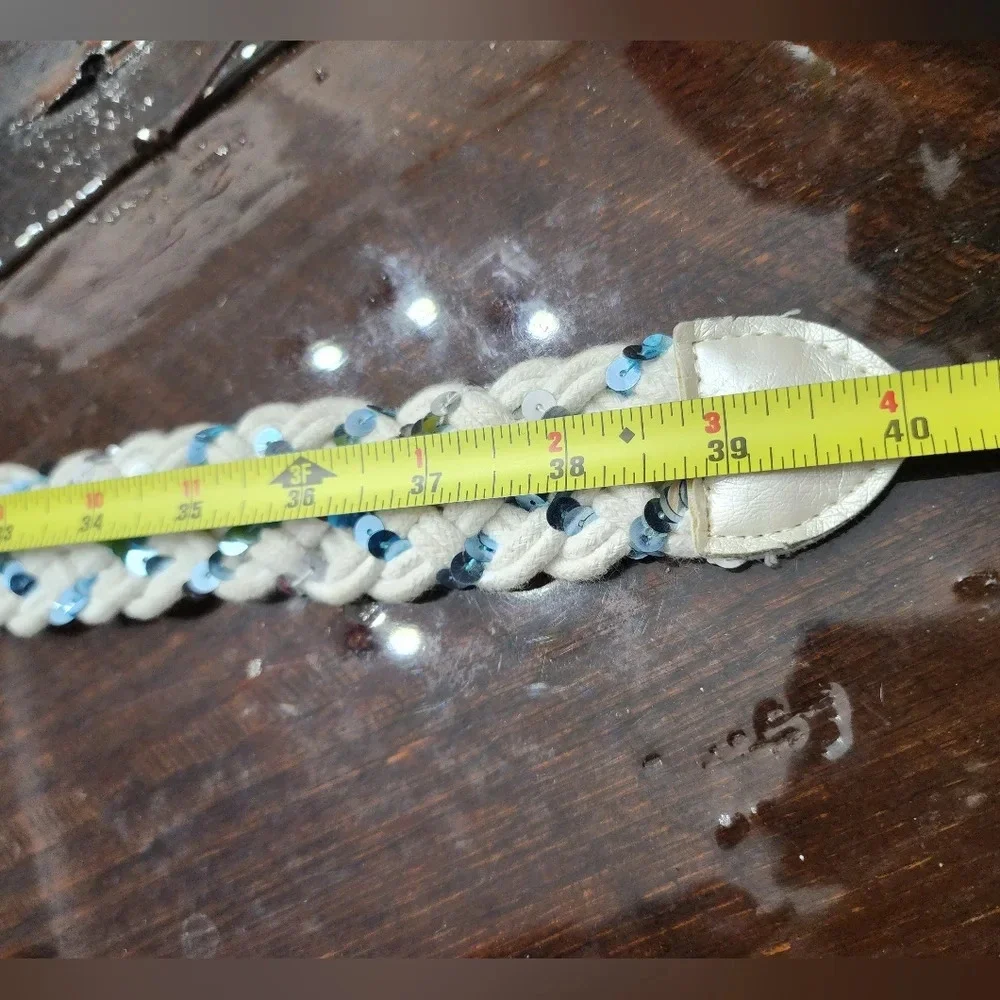 👸👖🩳 White Braided D-ring Belt with blue & silver sequins